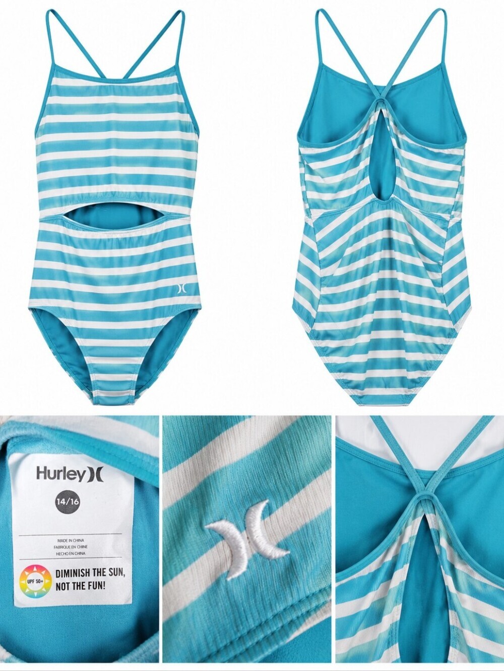Hurley Girls One Piece Swimsuit Size 14/16 Blue White Stripe UPF 50 Cutout.